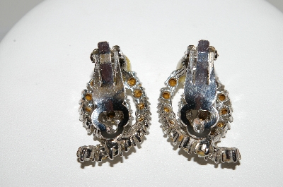 +MBA #E42-154  "Vintage Silvertone Clear Crystal Rhinestone & Faux Pearl Clip On Earrings"