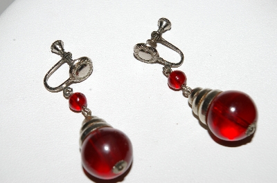 +MBA #E42-223  "Vintage Silvertone Red Glass Bead Screw Back Earrings"
