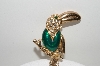 +MBA #E42-187  "Vintage Goldtone Green Enamel & Clear Crystal Rhinestone Toucan Pin"