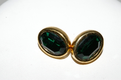 +MBA #E42-225  "Orena Paris Goldtone Green Glass Pierced Earrings"