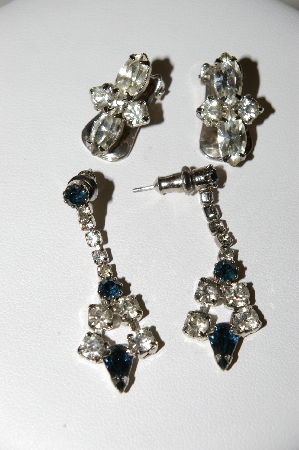 +MBA #E42-231  "Vintage Set Of 2 Pairs Silvertone Crystal Rhinestone Earrings"
