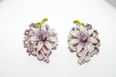 +MBA #E42-160  "Vintage Lavender Enameled & Lavender Crystal Rhinestone Fancy Flower Earrings"