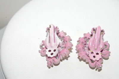 +MBA #E42-160  "Vintage Lavender Enameled & Lavender Crystal Rhinestone Fancy Flower Earrings"