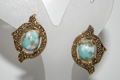 +MBA #E42-170  "Sarah Coventry Goldtone Faux Turquoise Clip On Earrings"