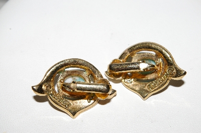 +MBA #E42-170  "Sarah Coventry Goldtone Faux Turquoise Clip On Earrings"