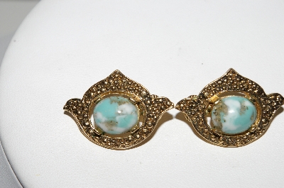 +MBA #E42-170  "Sarah Coventry Goldtone Faux Turquoise Clip On Earrings"