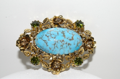+MBA #E42-102  "Made In Austria Faux Turquoise & Crystal Rhinestone Fancy Pin"