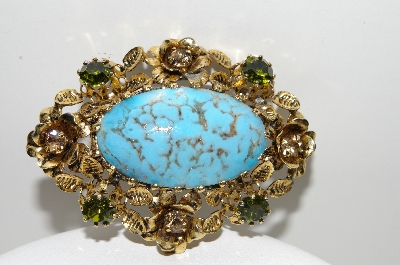 +MBA #E42-102  "Made In Austria Faux Turquoise & Crystal Rhinestone Fancy Pin"