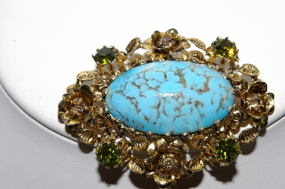 +MBA #E42-102  "Made In Austria Faux Turquoise & Crystal Rhinestone Fancy Pin"