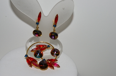 +MBA #E42-070  "Vintage Goldtone Fancy Red Glass & Rhinestone Pin & Earring Set"