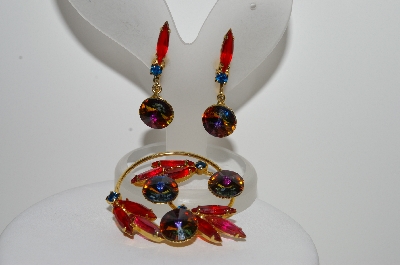+MBA #E42-070  "Vintage Goldtone Fancy Red Glass & Rhinestone Pin & Earring Set"