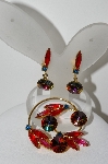 +MBA #E42-070  "Vintage Goldtone Fancy Red Glass & Rhinestone Pin & Earring Set"