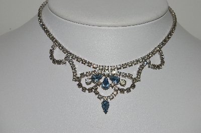 +MBA #E42-023  "Vintage Silvertone Clear & Blue Rhinestone Choker"