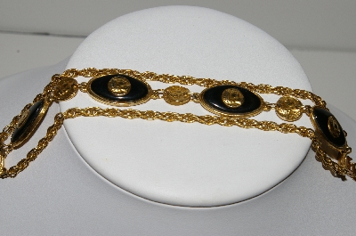 +MBA #E42-062  "Coro Goldtone 3 Strand Coin & Black Stone Bracelet"