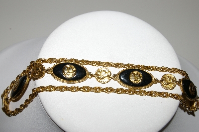 +MBA #E42-062  "Coro Goldtone 3 Strand Coin & Black Stone Bracelet"