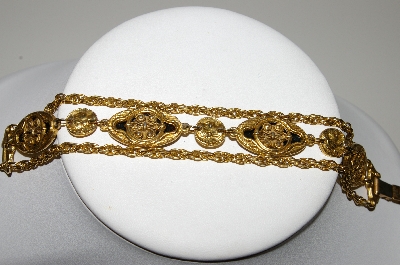 +MBA #E42-062  "Coro Goldtone 3 Strand Coin & Black Stone Bracelet"