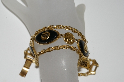 +MBA #E42-062  "Coro Goldtone 3 Strand Coin & Black Stone Bracelet"