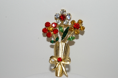 +MBA #E42-067  "Vintage Goldtone Crystal Rhinestone 3 Flower Pin"