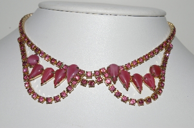 +MBA #E42-005  "Vintage Goldtone Pink Glass & Crystal Rhinestone Fancy Choker"