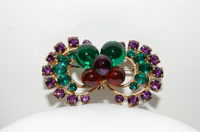 +MBA #E43-026  "Vintage Gold Filled Green & Purple Glass & Rhinestone Pin"