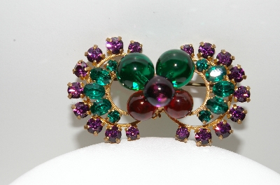 +MBA #E43-026  "Vintage Gold Filled Green & Purple Glass & Rhinestone Pin"