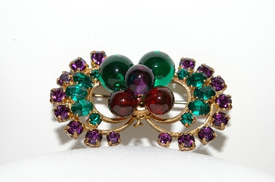 +MBA #E43-026  "Vintage Gold Filled Green & Purple Glass & Rhinestone Pin"