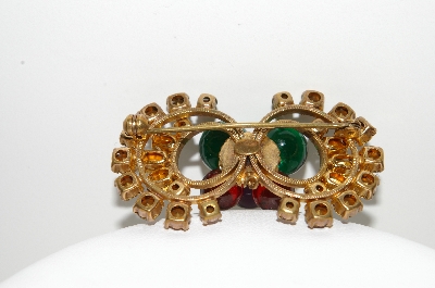 +MBA #E43-026  "Vintage Gold Filled Green & Purple Glass & Rhinestone Pin"