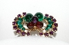 +MBA #E43-026  "Vintage Gold Filled Green & Purple Glass & Rhinestone Pin"