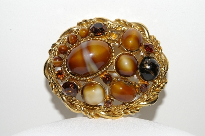 +MBA #E43-041  "Vintage Goldtone Brown Glass & Rhinestone Pin"