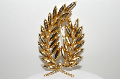 +MBA #E43-044  "Napier Goldtone White Milk Glass Stone Leaf Brooch"