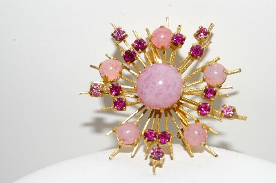**MBA #E43-059  "Vintage Gold Plated Fancy Pink Glass Stone & Rhinestone Pin"