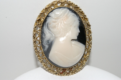 **MBA #E43-064  "Vintage Goldtone Acrylic Cameo Pin"
