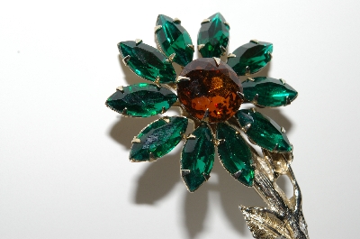 **MBA #E43-072  "Vintage Goldtone Large Green & Brown Rhinsetone Flower Pin"