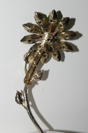 **MBA #E43-072  "Vintage Goldtone Large Green & Brown Rhinsetone Flower Pin"