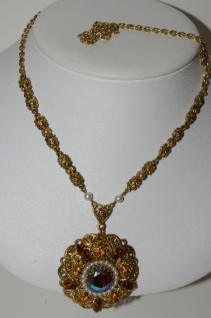 +MBA #E43-171  "Vintage Goldtone Filigree Rhinestone & Faux Pearl Necklace"