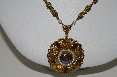 +MBA #E43-171  "Vintage Goldtone Filigree Rhinestone & Faux Pearl Necklace"
