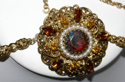 +MBA #E43-171  "Vintage Goldtone Filigree Rhinestone & Faux Pearl Necklace"