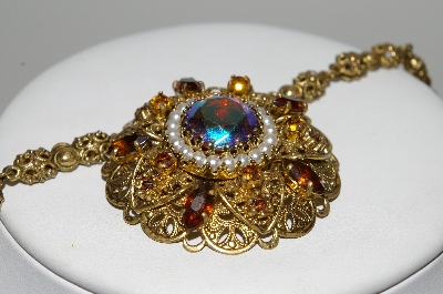 +MBA #E43-171  "Vintage Goldtone Filigree Rhinestone & Faux Pearl Necklace"