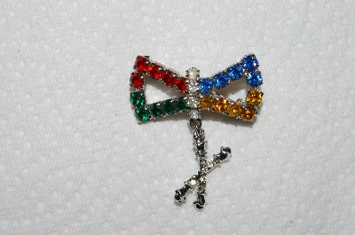 **MBA #E43-190  "Vintage Silvertone Multi Colored Rhinestone Pin With Attached Charm"