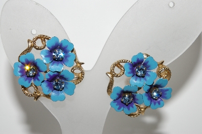 +MBA #E43-090  "Avon Golstone Blue Enameled Flower Clip On Earrings"