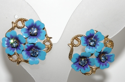 +MBA #E43-090  "Avon Golstone Blue Enameled Flower Clip On Earrings"