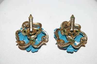 +MBA #E43-090  "Avon Golstone Blue Enameled Flower Clip On Earrings"