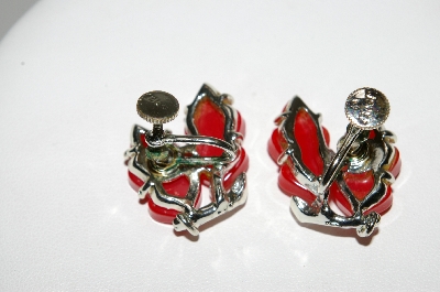 +MBA #E43-128  "Lisner Silvertone Red Lucite Screw Back earrings"