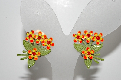 +MBA #E43-102  "Vintage Enameled 4 Flower Clip On Earrings"