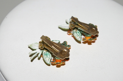+MBA #E43-102  "Vintage Enameled 4 Flower Clip On Earrings"