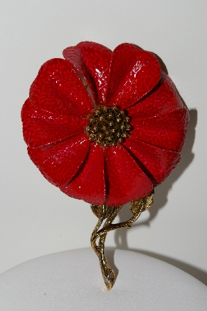 +MBA #E43-080  "Hedy Large Goldtone Red Enameled Flower Pin"