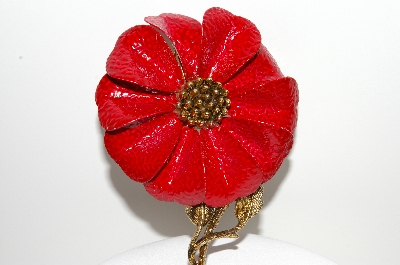 +MBA #E43-080  "Hedy Large Goldtone Red Enameled Flower Pin"