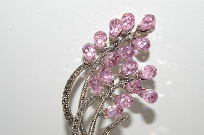**MBA #E43-074  "Vintage Sterling Pink Crystal Briolette & Marcasite Pin"