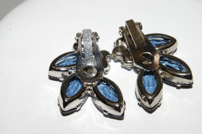 +MBA #E43-115  "Vintage Silvertone Blue Glass & Rhinestone Clip On Earrings"
