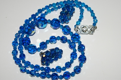 +MBA #E43-143  "Vintage AB Blue Crystal Necklace & Matching Clip On Earrings set"